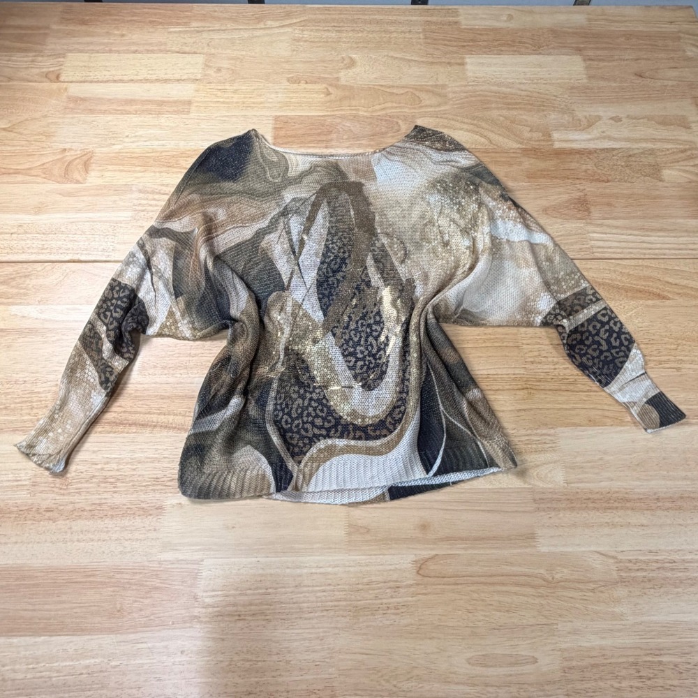 Animal Print Sequin Batwing Knit Mesh Top Brown Gold Vintage Inspired Italian OS